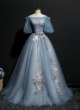 Picture of Blue Short Sleeves Long Tulle with Flower Applique Party Dresses, Blue Sweet 16 Dresses